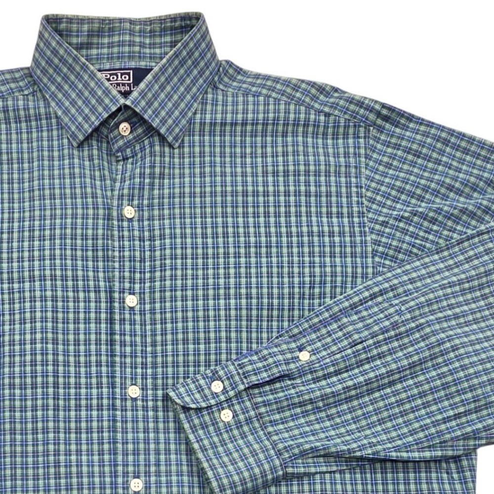 Polo Ralph Lauren Regent Classic Fit Long‎ Sleeve Shirt Green Blue Plaid Mens XL
